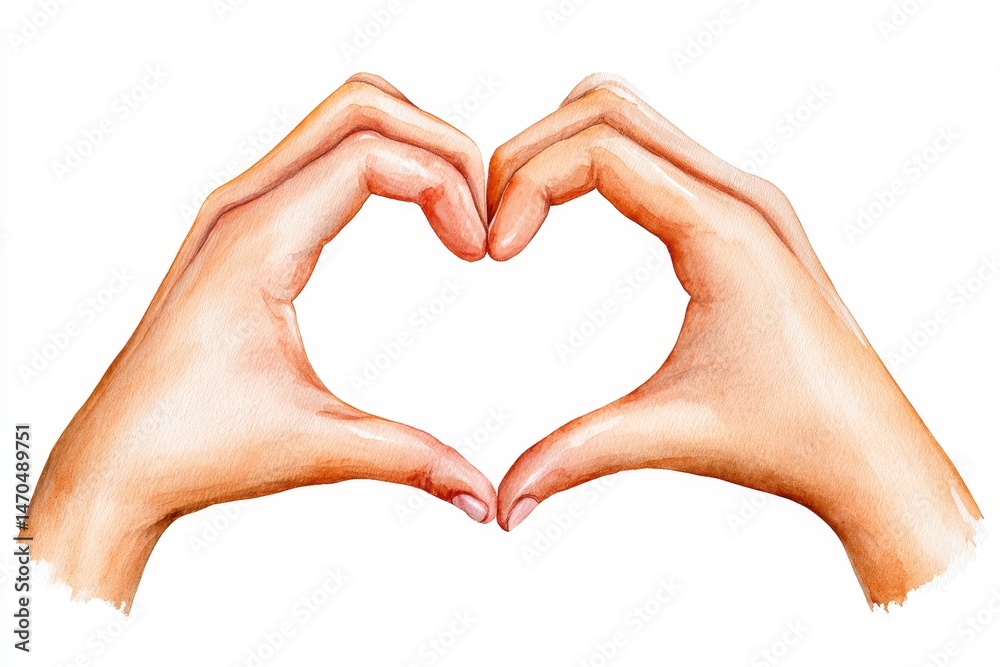 Fototapeta premium Hands Forming a Heart Shape - Watercolor illustration of two hands forming a heart shape, symbolizing love, care, and affection. Perfect for Valentine's Day or romantic themes