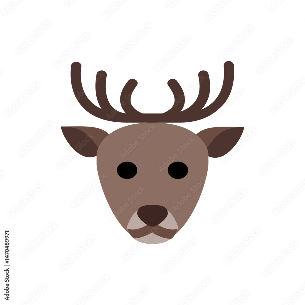 Illustration of a deer head with brown fur, large antlers, and black eyes on a white background design