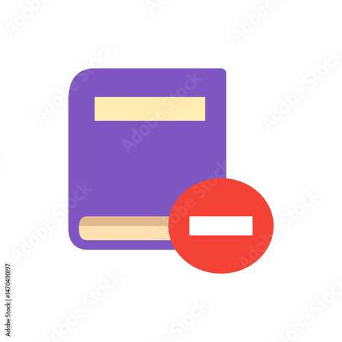 Illustration of a purple book with a yellow label and a red circle with a white minus sign overlaying it