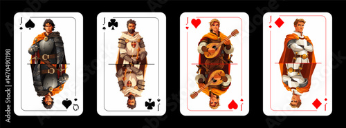A set of playing cards jacks of different suits in an original cartoon style. Jacks of cards of different suits with images of young warriors. Vector illustration