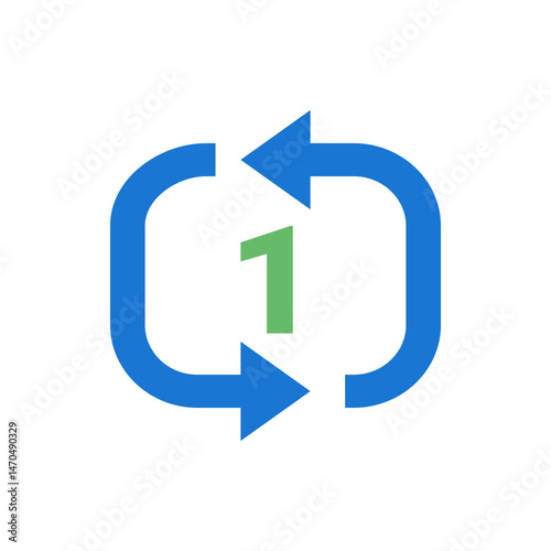 Blue arrow circular path with a green number one in the center suggesting a cycle or repeating process