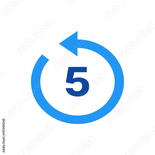Blue arrow circling counterclockwise around the number five in the center of a white background view