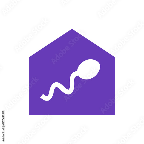 White sperm cell illustration on a purple house shaped background with a simple and modern design style