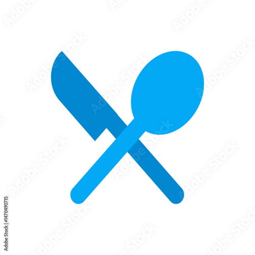 Illustration of a blue spoon and knife crossed over each other on a white background in a simple design