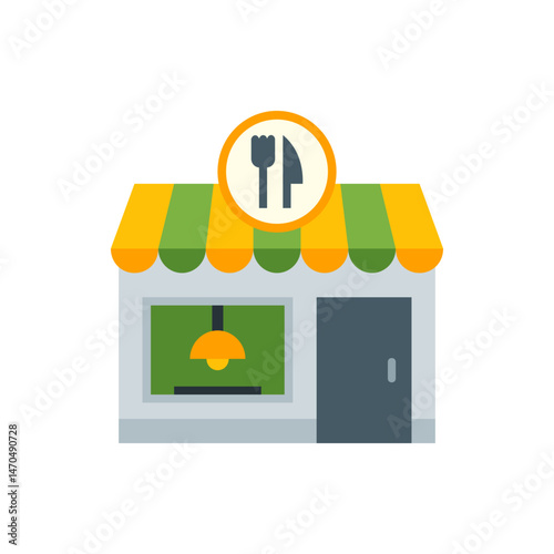 Illustration of a restaurant facade with a striped awning and a sign with a fork and knife icon above it