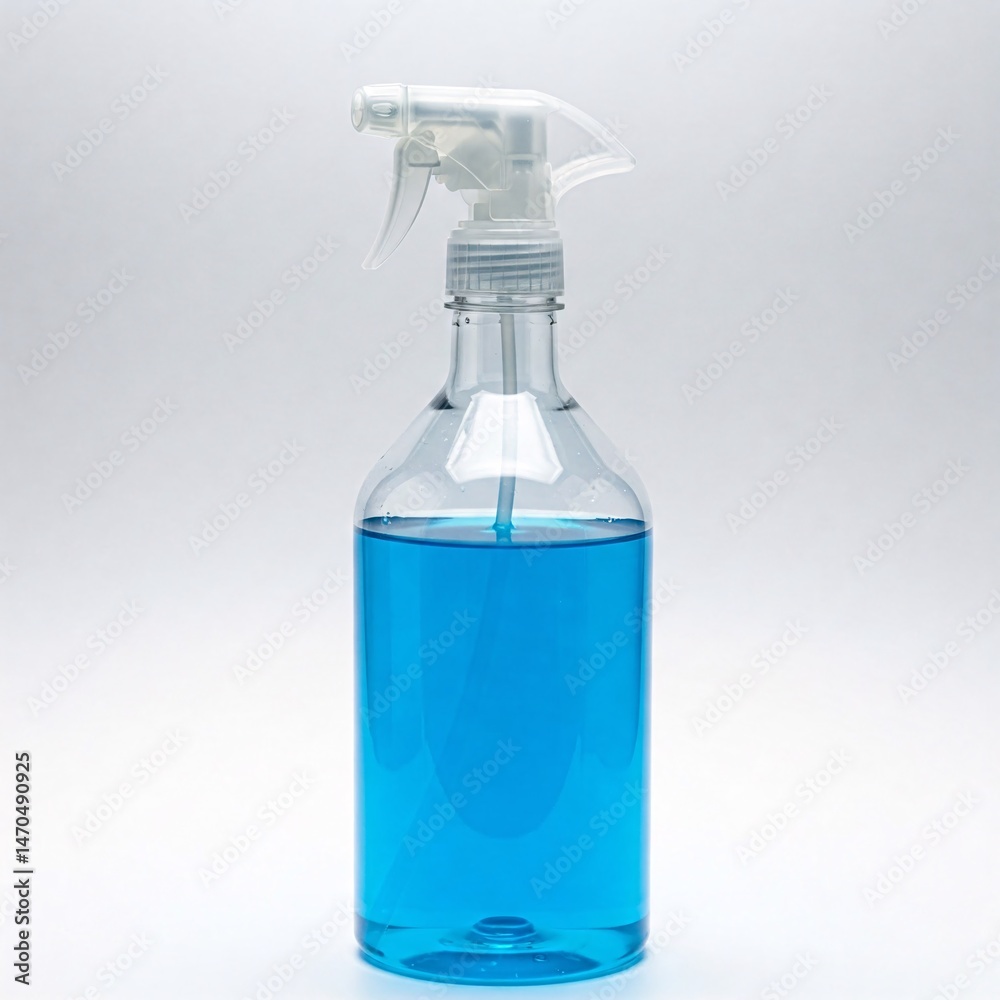 Plastic bottle with blue window cleaning liquid and sprayer isolated on white background. Plastic bottle with blue window cleaning liquid and sprayer isolated on white background.