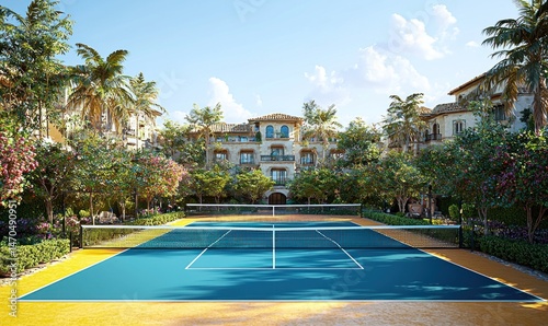 Mediterranean-style building complex featuring a private tennis court, lush landscaping, and palm trees under a sunny sky photo