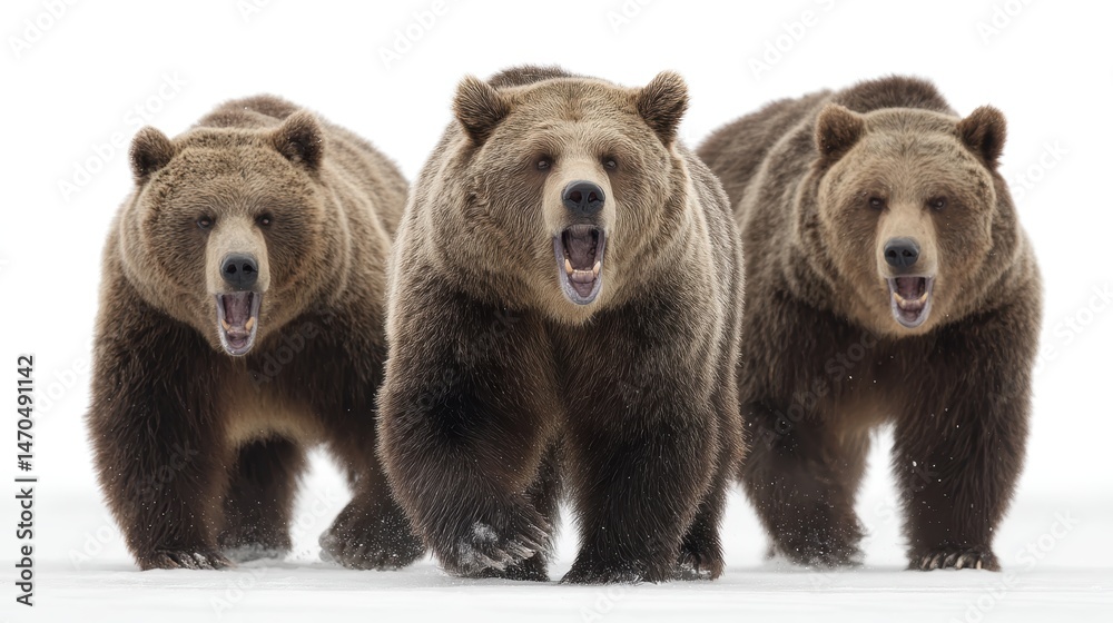 Fototapeta premium A set of grizzly brown bears roaring, showcasing power, isolated on a white background