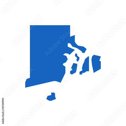 A blue silhouette of rhode island state map with irregular coastlines and a small island off the coast line