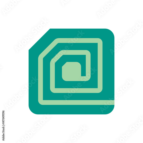 A teal square with a corner cut off and a light green spiral design inside creates a modern abstract art