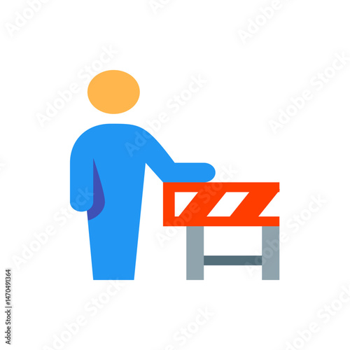 Illustration of a blue person with a yellow head standing next to a red and gray barrier sign post object
