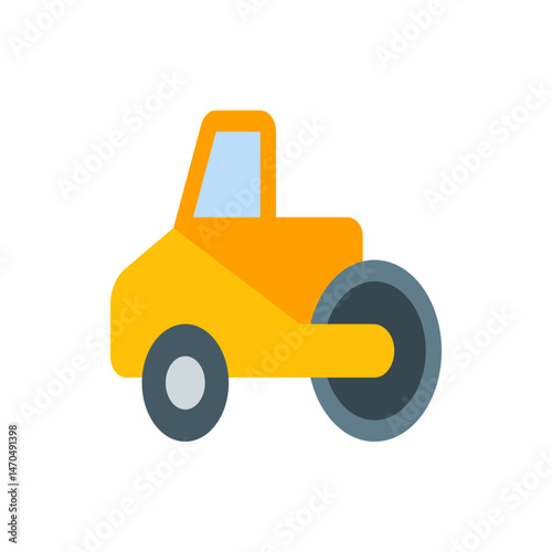 An illustration of a yellow road roller with a gray roller and small wheel on a white background view