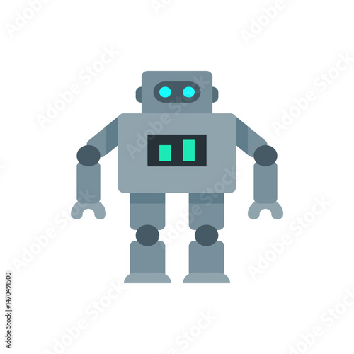 Illustration of a gray robot with a square body, round joints, and glowing blue eyes on a white background