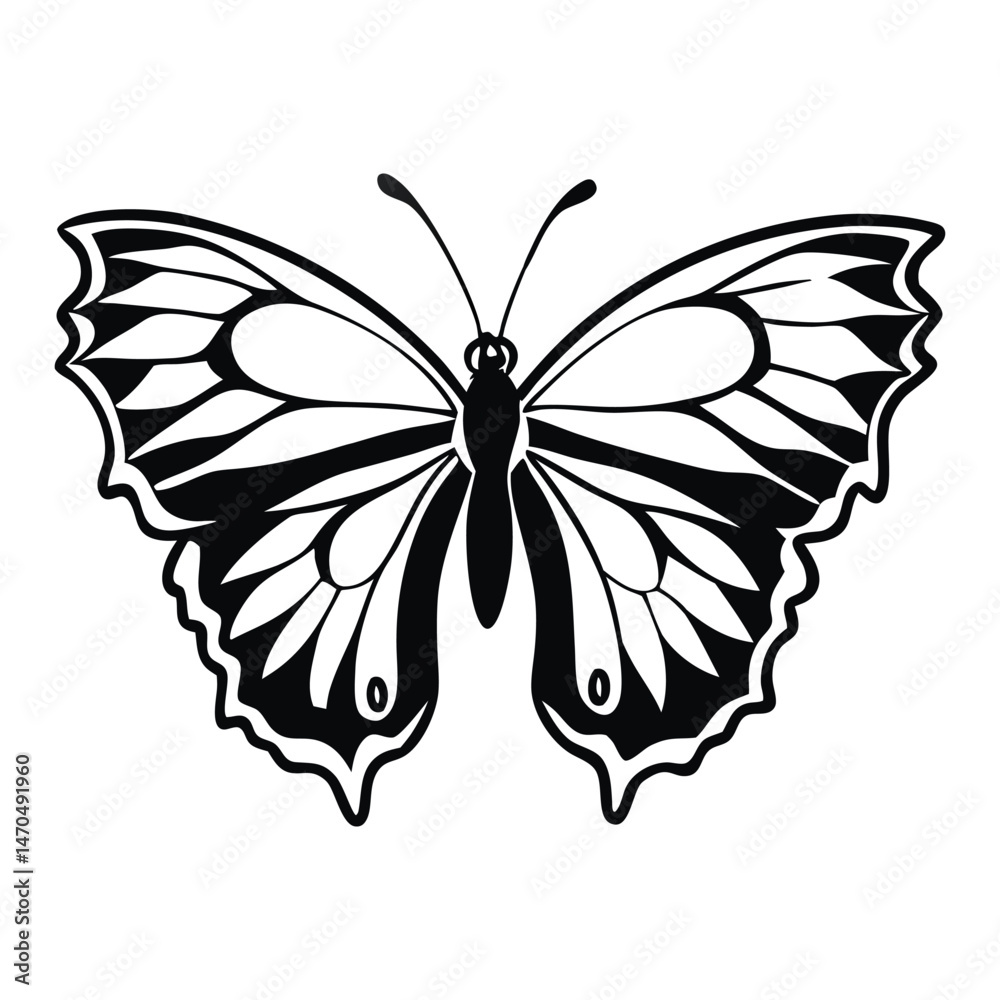 A clean vector butterfly silhouettes on a white background in black with simple and detailed wing patterns