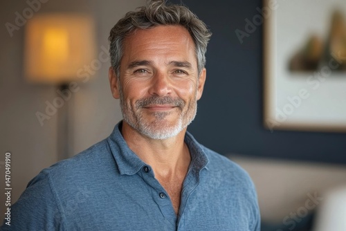 Smiling handsome middle aged 50s single man looking at camera standing at home, happy satisfied confident senior mature european male model posing indoors for close up face headshot
