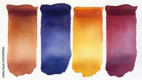 Four vertical watercolor paint swatches showcasing a gradient of warm and cool tones; brown, blue, gold, and maroon