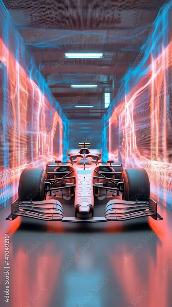 Futuristic Formula 1 car inside a neon-lit tunnel with glowing blue and red energy walls, showcasing high-tech racing design and sci-fi automotive innovation

