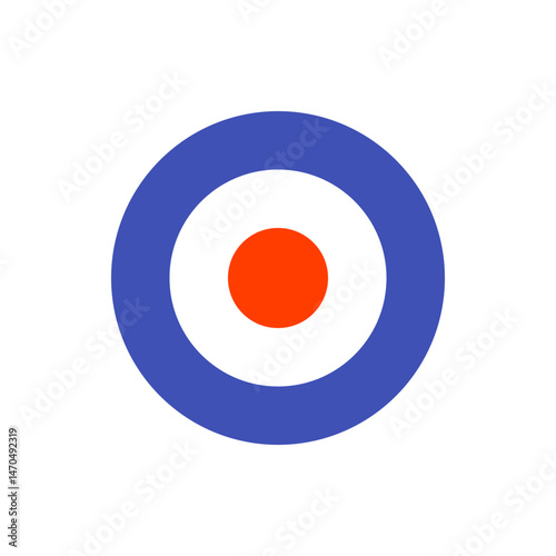Illustration of a target with concentric circles in blue white and red on a plain white background design