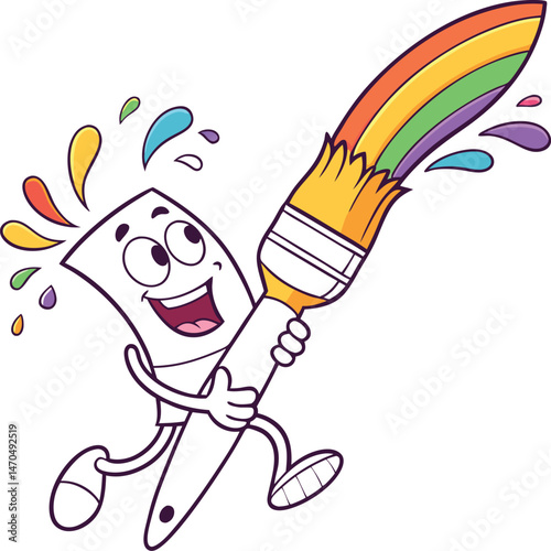 Joyful Brush and Rainbow: A cheerful, anthropomorphic paintbrush, full of life and energy, joyfully paints a vibrant rainbow across the scene, symbolizing creativity and the colorful world of art.