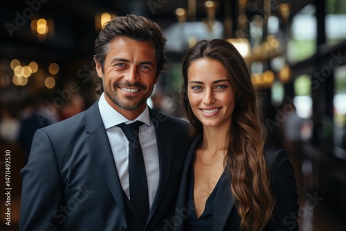 Smiling young man in suit standing with elegant woman