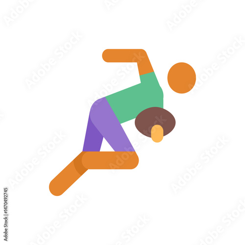 Person in a dynamic pose with bent knees and outstretched arm, wearing a green shirt and purple pants