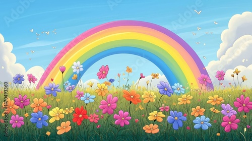 A vibrant rainbow stretches across a sunny sky over a meadow filled with colorful flowers, creating a whical and joyful natural landscape illustration design.