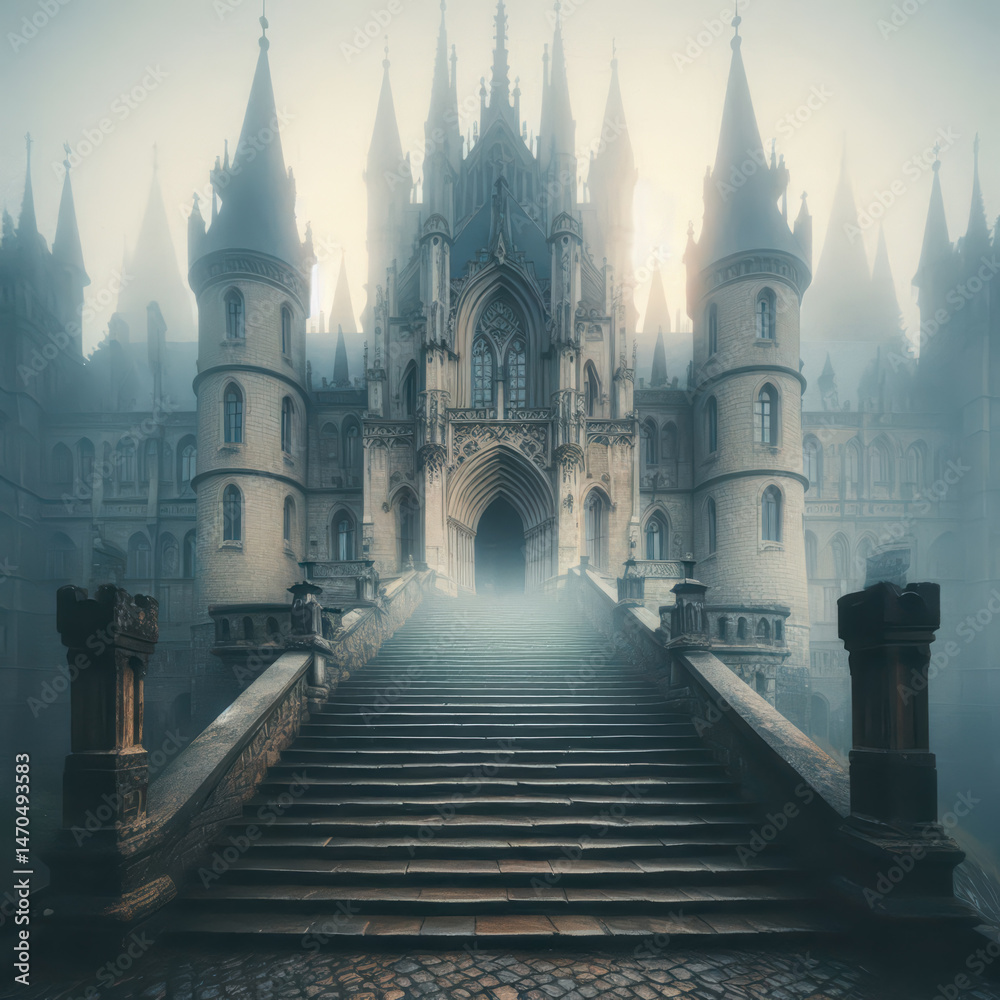 Fototapeta premium Mystical castle emerges from the mist as dawn breaks over an enchanted landscape in a serene atmosphere