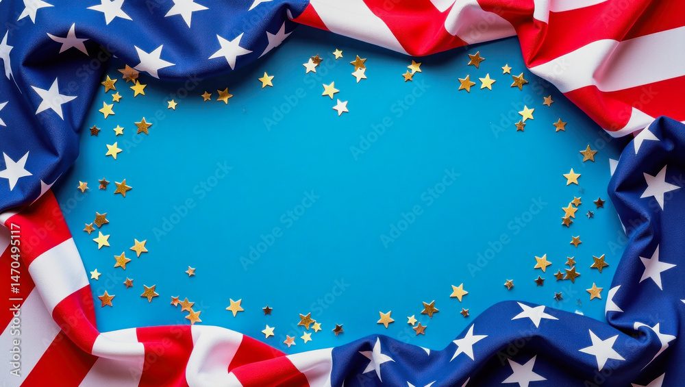 Obraz premium Red, white, and blue festive decoration with star confetti on a bright blue background