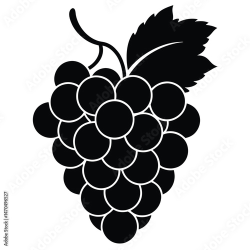 A vector illustration shows a sweet bunch of ripe purple grapes, a healthy fruit from the grapevine with a green leaf, perfect for wine design