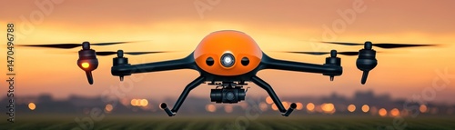 An Orange Drone Hovering in the Sky During Sunset with Blades Turning