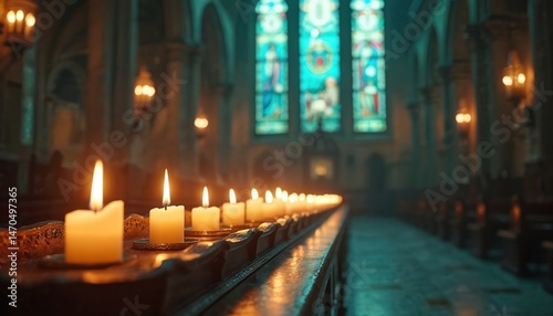 Interior view of cathedral with lit candles. Candles glow softly. Light from stained-glass windows illuminates church. Peaceful atmosphere, serene interior, religious, spiritual, faith, worship,