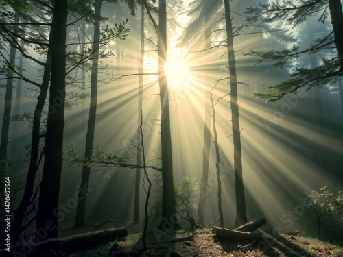 The sun is shining through the trees, casting a warm glow on the forest floor. The light is filtered through the leaves, creating a peaceful and serene atmosphere