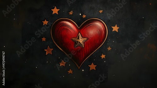 A classic heart tattoo design with a vintage flair, surrounded by stars under a glowing sky
