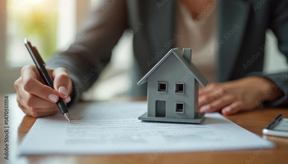 Fototapeta premium Businesswoman signs home purchase agreement. Realtor, client deal on property. Miniature house on document. Buying new house. Real estate investment, mortgage loan approval.