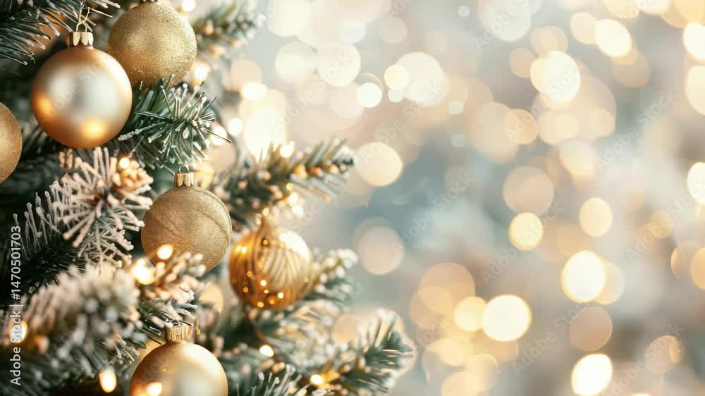 Close-up of a snow-dusted evergreen branch decorated with golden ornaments. Soft, twinkling lights create a warm, festive ambiance. A serene scene embodying winter's charm and holiday cheer.