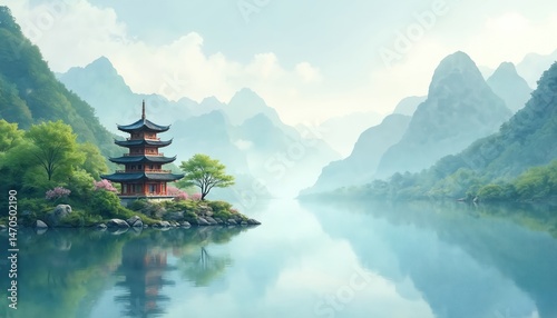 Idyllic landscape with pagoda on lake. Misty mountains, green trees, blue sky reflect water. Tranquil scenic watercolor illustration, perfect travel vacation background, nature scene.