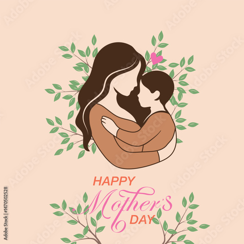Beautiful flat vector with “Mother’s Day” lettering, lilac flowers, leaves, and buzzing bees. A detailed and elegant design ideal for spring greeting cards, posters, and Mother's Day celebration graph