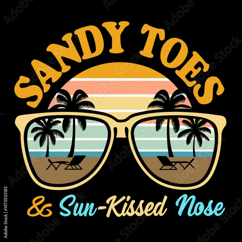 Retro Sunglasses Beach Scene Graphic Design Sandy Toes Sun Kissed Nose