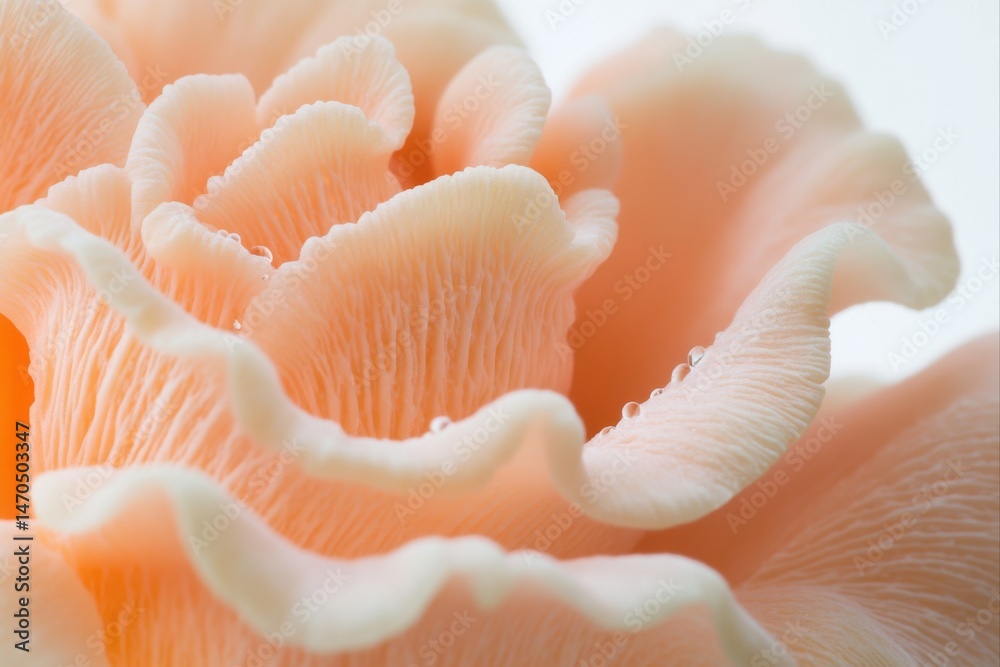 Close up of a pink oyster mushroom with water droplets for food photography and culinary content Close up of a pink oyster mushroom with water droplets for food photography and culinary content