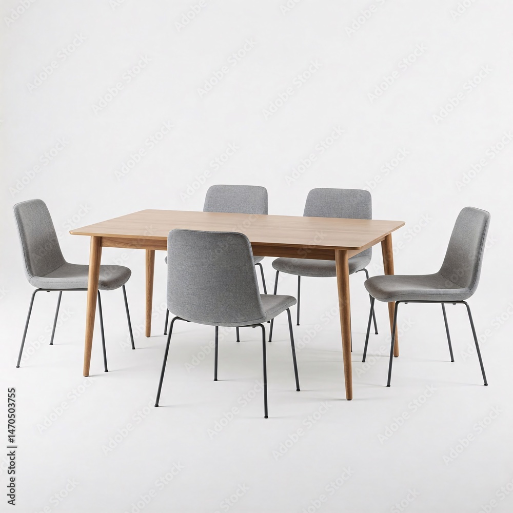 Dining table with a light tabletop and five chairs with upholstery, isolated on white Dining table with a light tabletop and five chairs with upholstery, isolated on white