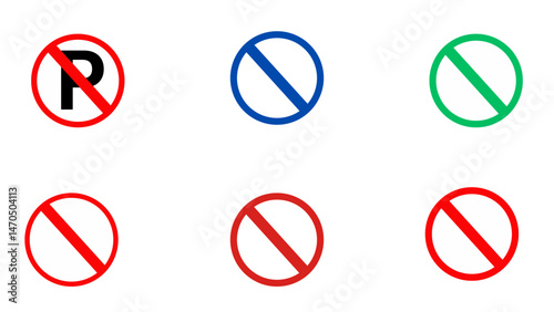 Set of six circular “no” or “do not” signs including a no parking symbol with a bold “P” inside the red circle

