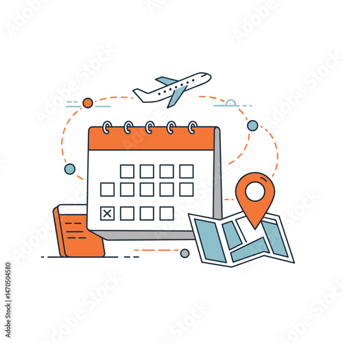 Travel planning elements with calendar, map, and airplane icons  