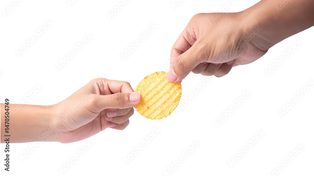Fototapeta premium Hands exchanging a crispy potato chip, a gesture of sharing and connection