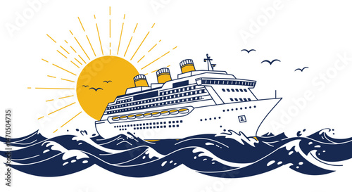 Cruise Ship Sailing on Waves with Sun in Background  