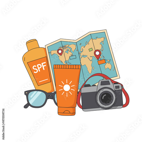 Travel Essentials Kit with Sunscreen, Map, and Camera  