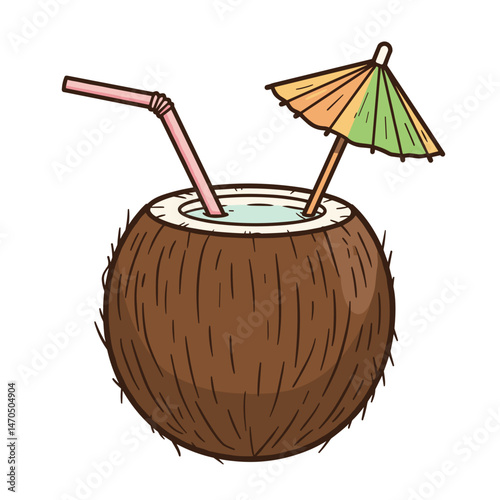 Coconut drink with straw and umbrella in playful illustration  