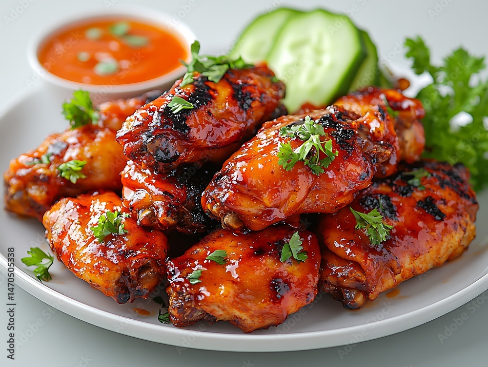 Crispy chicken wings with hot glaze and fresh rosemary garnish high resolution photo Crispy chicken wings with hot glaze and fresh rosemary garnish high resolution photo
