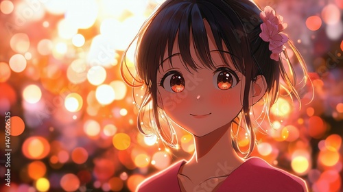 A charming anime-style girl with rosy cheeks and a flower in her hair smiles gently amidst a backdrop of soft, shimme lights creating a magical atmosphere.