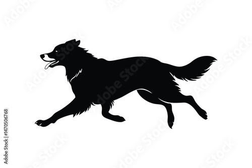 Silhouette art illustration of an Australian Shepherd running with extended legs.eps