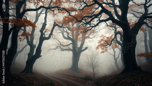 Misty Forest Path with Autumn Trees and Twisted Branches